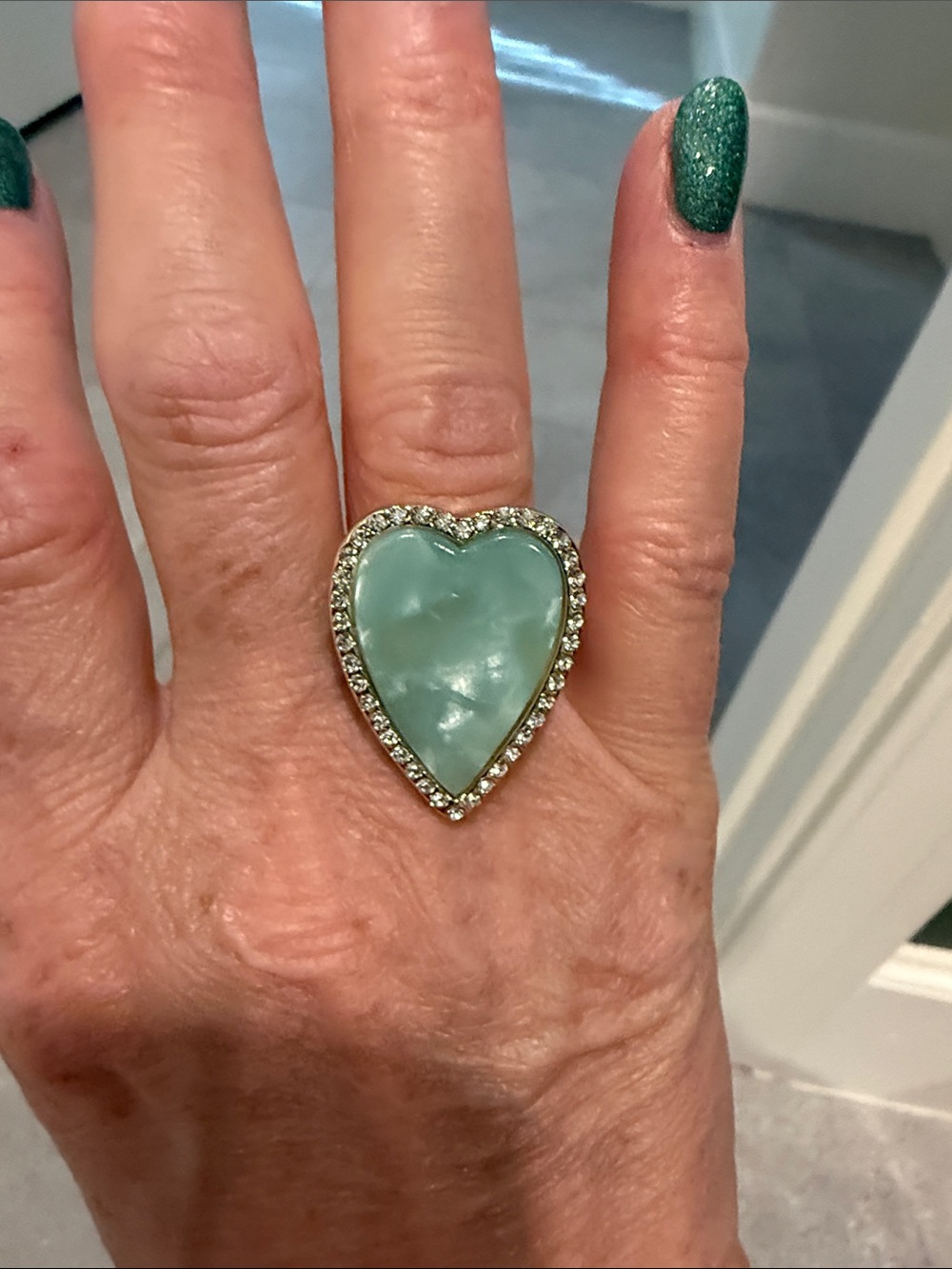 Park Lane Heart-Shaped Mint Green Ring with Crystal Halo